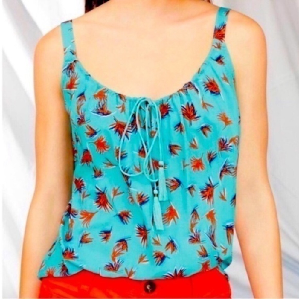 Cabi Palm Print Teal Tassel Tank Top S